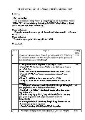 Đề kiểm tra học kì I môn Lịch sử Lớp 9 - Năm học 2016-2017 - Trường THCS Lê Lợi (Có đáp án)